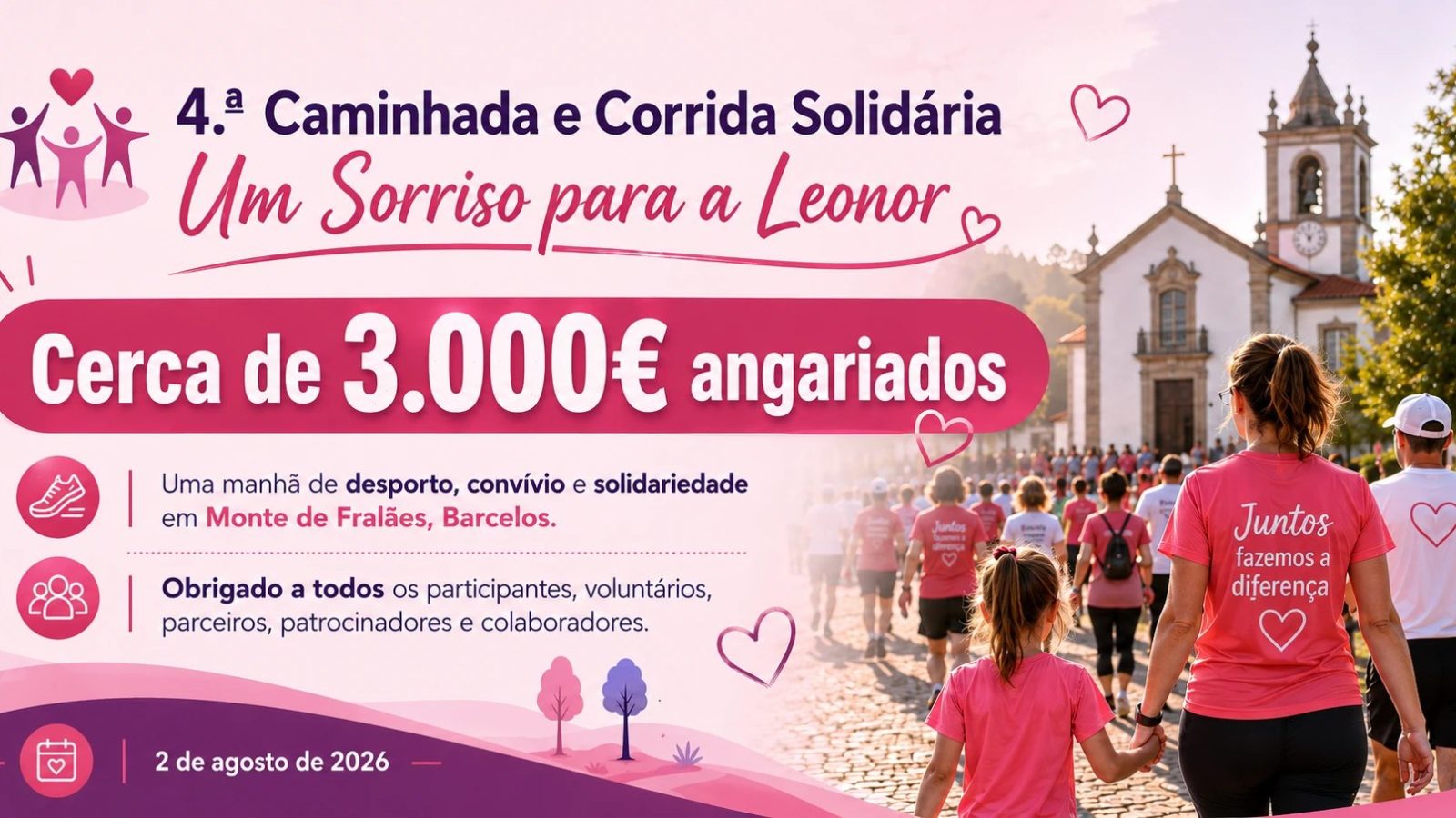 Cartaz de agradecimento da 4.ª Caminhada e Corrida Solidária “Um Sorriso para a Leonor”: cerca de 3.000€ angariados, 2 de agosto de 2026, Monte de Fralães, Barcelos